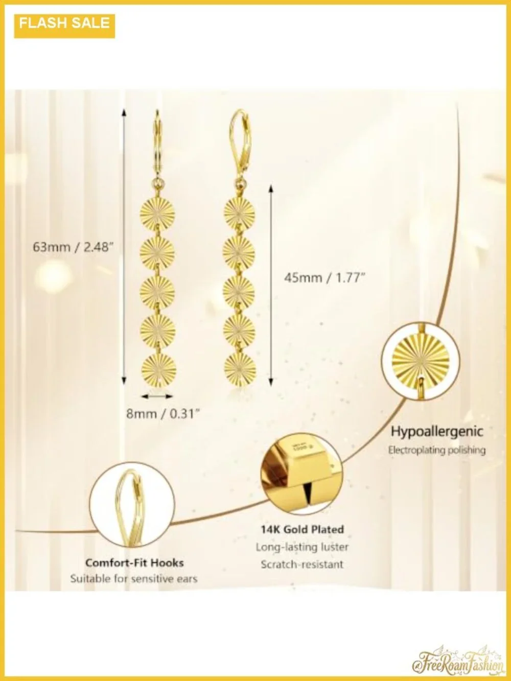 14k Gold Plated Brass Long Disc Dangle Drop Earrings Leverback Hypoallergenic